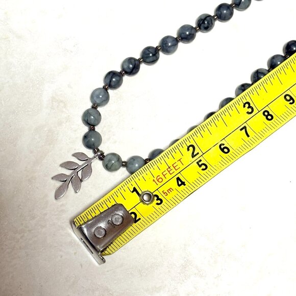Dark Grey Marble Short Necklace, Genuine Gemstone & Silver Leaf Branch Pendant - Picture 11 of 13